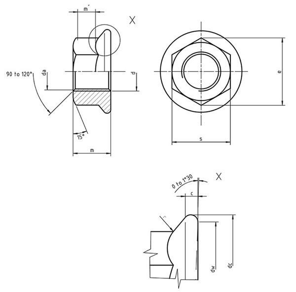 DIN 6923 / ISO 1661 - Hexagon Nuts with Flange Dimensions